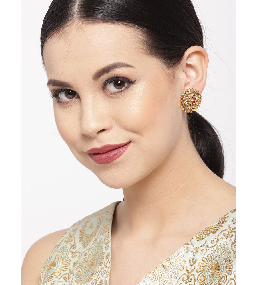 YouBella Red Gold-Plated Stone-Studded Circular Studs